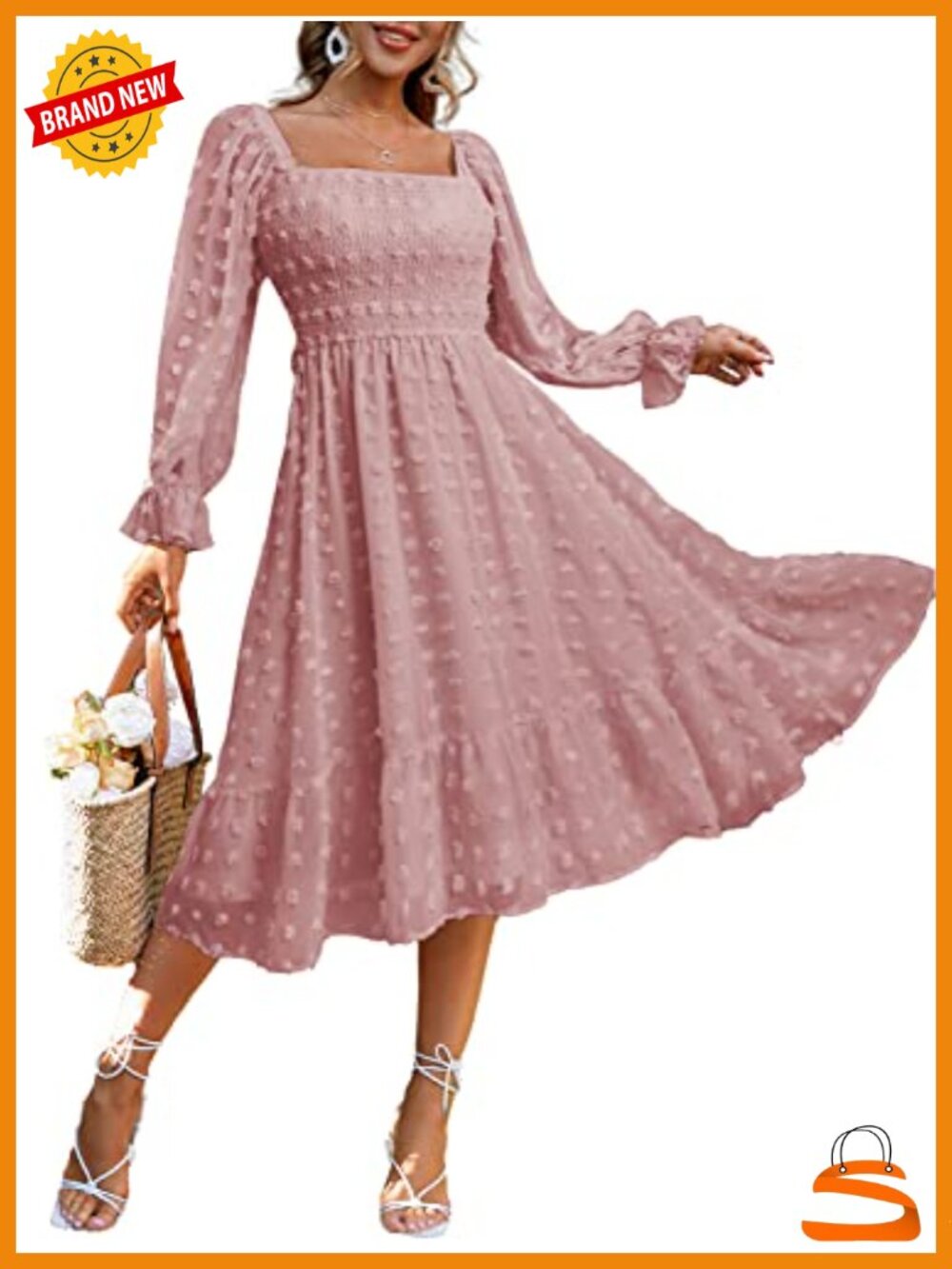 Women's Boho Flowy Long Sleeve Square Neck Floral Midi Dress Smocked A-Line